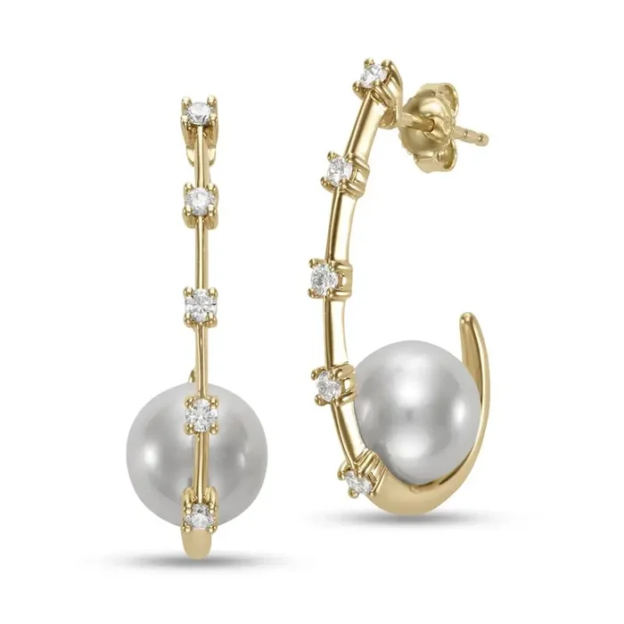 Earrings set with a 9mm pearl on the base of a diamond station hoop 18kt yellow gold-mastoloni