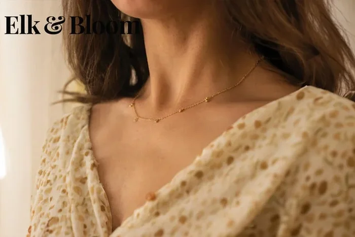 Elk & Bloom 14K Gold Beaded Drop Choker Necklace – Adjustable Sterling Silver Chain, Minimalist Gift Jewellery