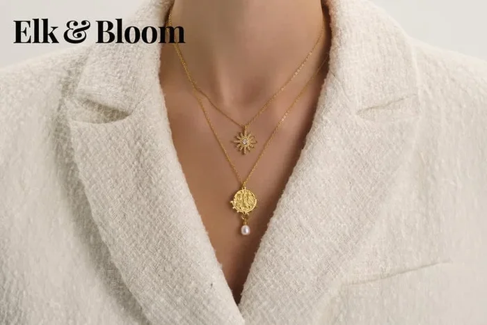 Elk & Bloom 14K Gold Plated Star Sun Pendant Necklace – Adjustable Sterling Silver Chain, Cubic Zirconia Accent