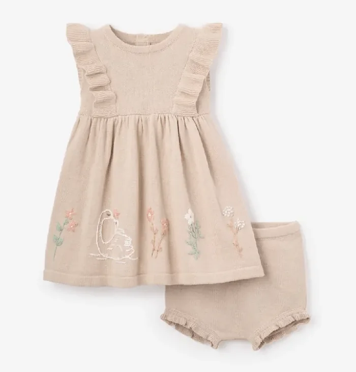 Embroidered Floral Cotton Knit Dress 9-12 M – Elegant Baby
