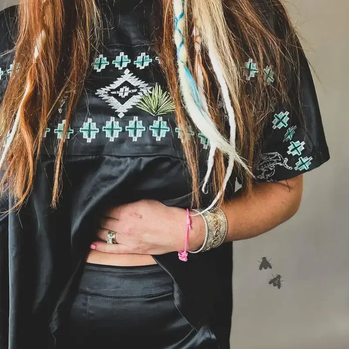 Embroidered Western Motif Poncho Style Satin Look Top “High End Bucks”