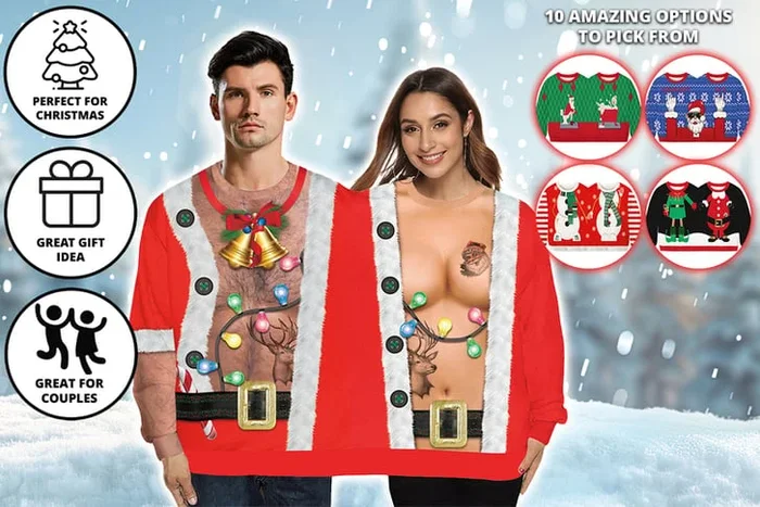 Festive Conjoined Couples Christmas Prints Jumper – 10 Vibrant Colours