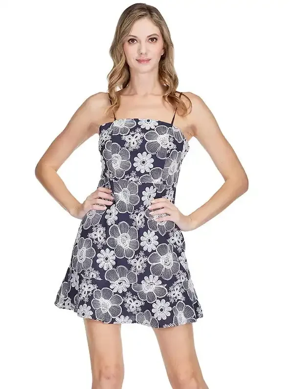 Fitted Flounced Hem Dress • Navy Floral Embroidered