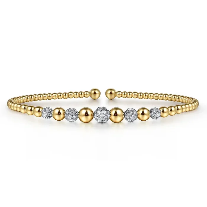Flex cuff bangle with graduated diamond balls and beads 2-tone by Gabriel