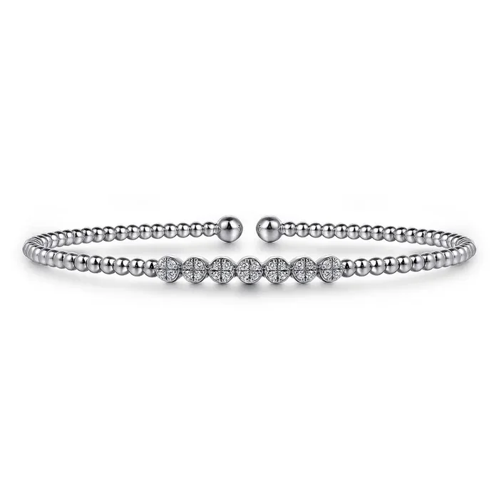 Flex cuff diamond bangle with 7 top clusters 14kt white gold by Gabriel