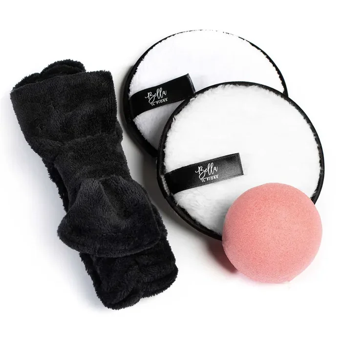 Freshy Face Set Black Bow Headband, Pink Konjac Sponge & White Cleansing Pads Face Cleansing Kit Set