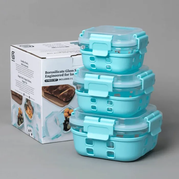 Genicook High Dome Borosilicate Glass 6-Piece Set with Hi-Top Lids & Silicone Sleeves