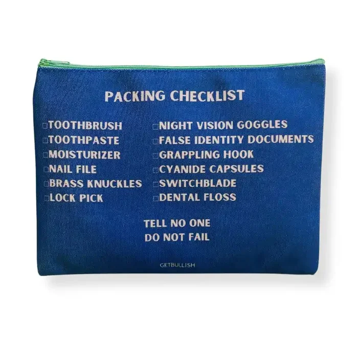 GetBullish Secret Agent Packing Checklist Canvas Zipper Pouch 9.5″ x 7″ Cosmetics Bag or Pencil Case