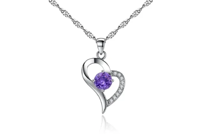 Gleaming Silver Heart Pendant with Royal Purple Crystal