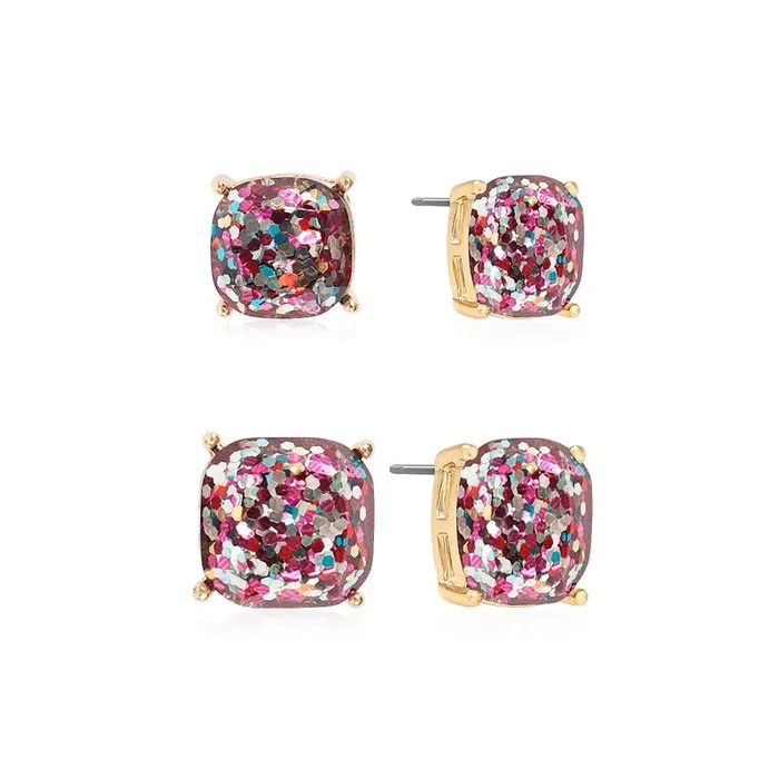 Glitter Square Cushion Cut Stud Earring Set in 2 Sizes – “Mom and Me” Gift Set