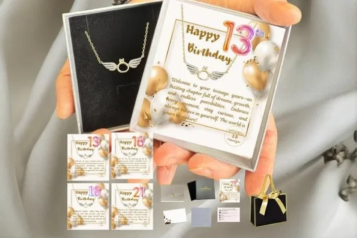 Gold Plated Angel Wings & Ring Pendant Necklace – Personalised Birthday Jewellery Gift