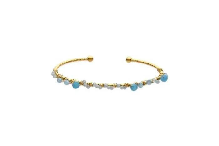 Gold Plated Boho Blue Crystal Bracelet – Luxenter Yakde, 18ct Yellow Gold Finish, 55mm Cuff
