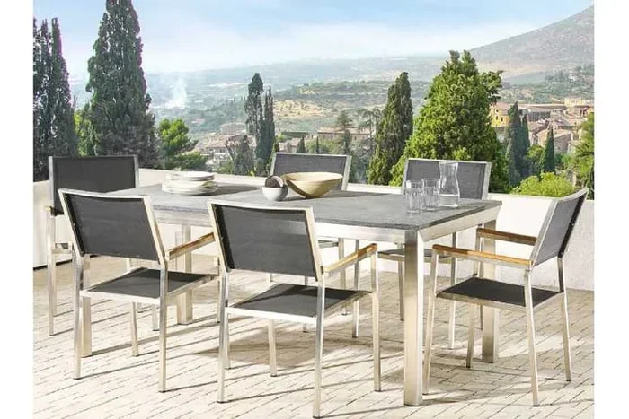 Granite Garden Dining Table – Modern Stainless Steel, 6-Seater, Weather-Resistant
