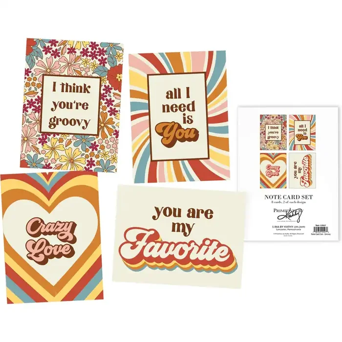 Groovy Note Card Set Retro Love-Themed Designs 8 Cards