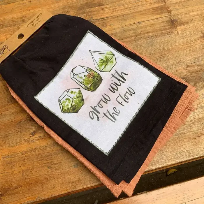 Grow With The Flow Kitchen Towel Set Cotton Plant Design Tea Dish Cloth 28″ x 28″ Gift for Her