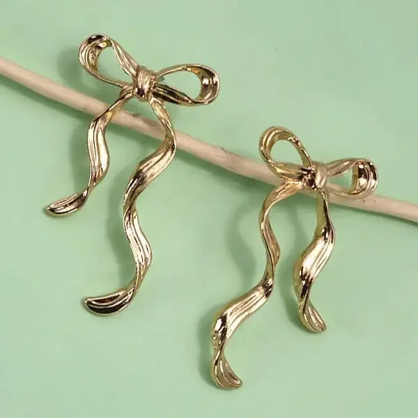 Hammered Long Coquettecore Bow Ribbon Drop Earrings in Gold Plating 2″ Long