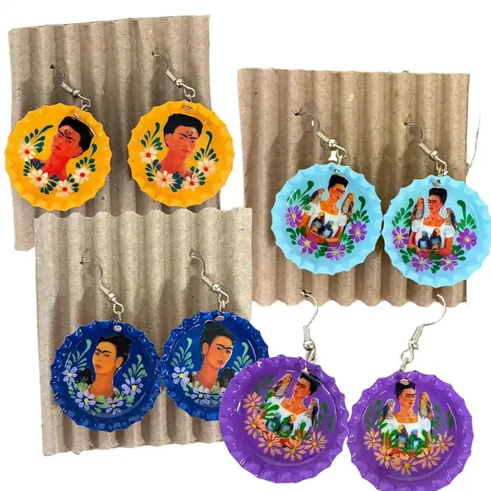 Hand Painted Bottlecap Frida Kahlo Earrings in 4 Color Combos Made in Peru Hook Dangling Earrings