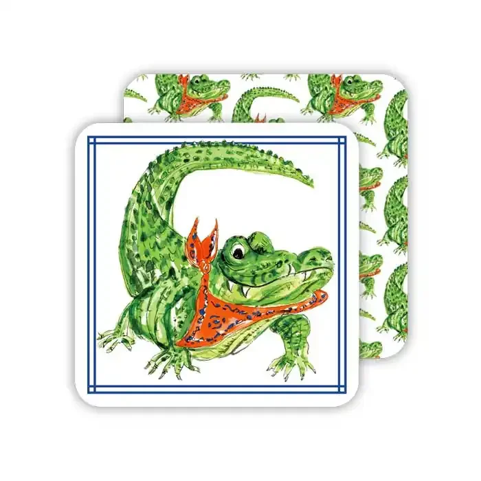 Handpainted Gator with Orange Bandana Square Coaster- RosanneBeck Collections