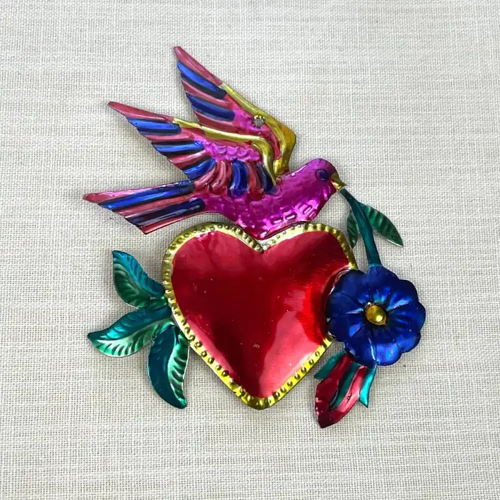 Heart and Dove Tin Wall Hanging Decor Hand Painted in Mexico