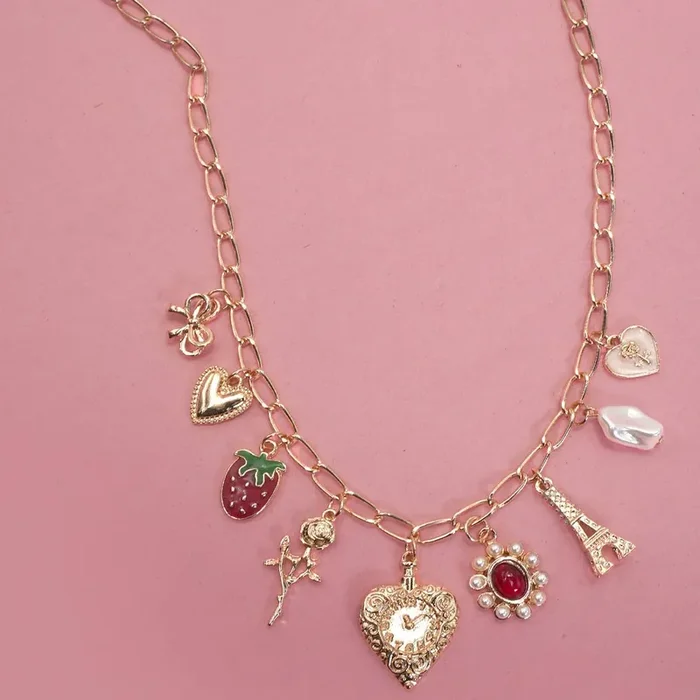Heart Coquette Bow Rose Strawberry Eiffel Tower Charm Necklace in Gold Plating 16″ Long