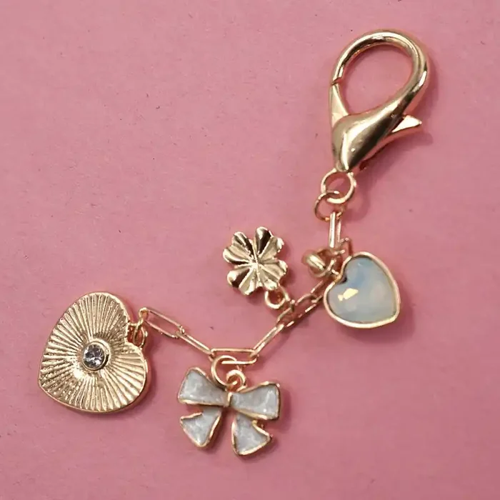Heart Coquettecore Bow Clover Stone Bag Charm in Gold Plating Keychain Purse Accessories 6″ Long
