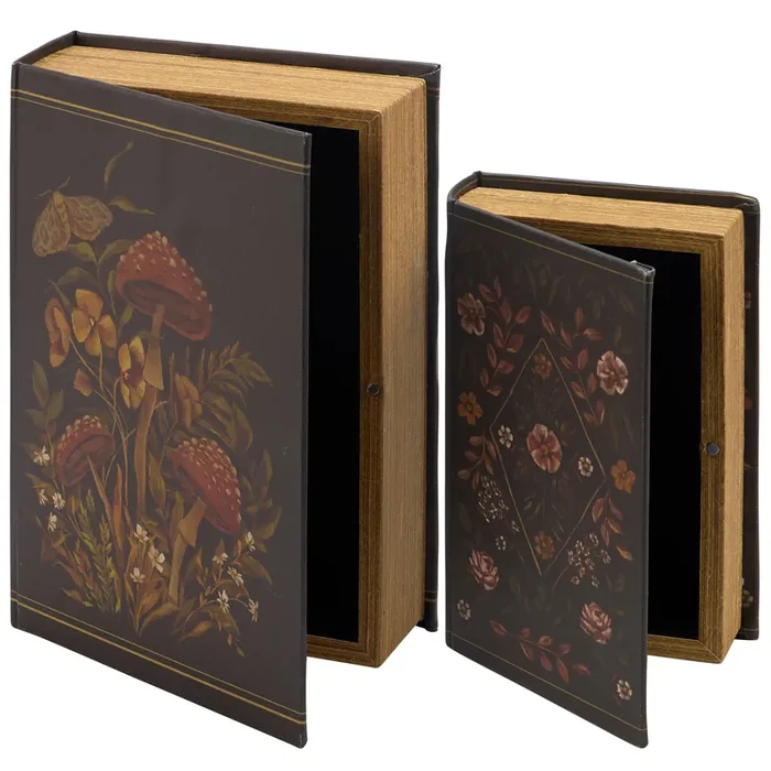 Hidden Garden Book Box Set of 2 Decorative Vintage Book Mushrooms & Florals Design Storage Organizer