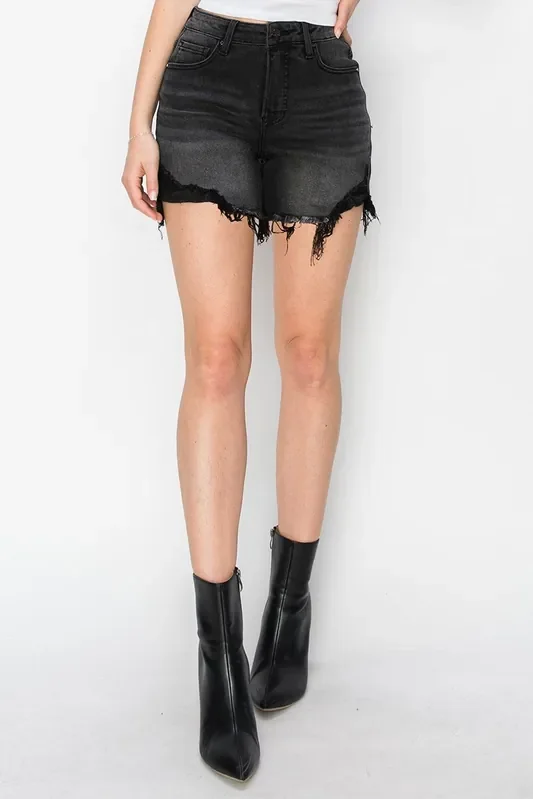 High Rise Side Step Hem Shorts • Black