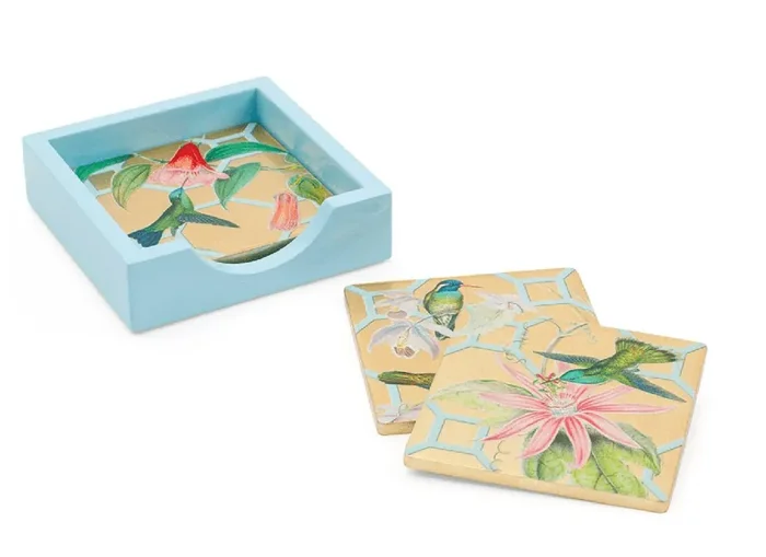 Hummingbird Trellis Square Lacquer Coasters in Holder – Set of 4 – Caspari