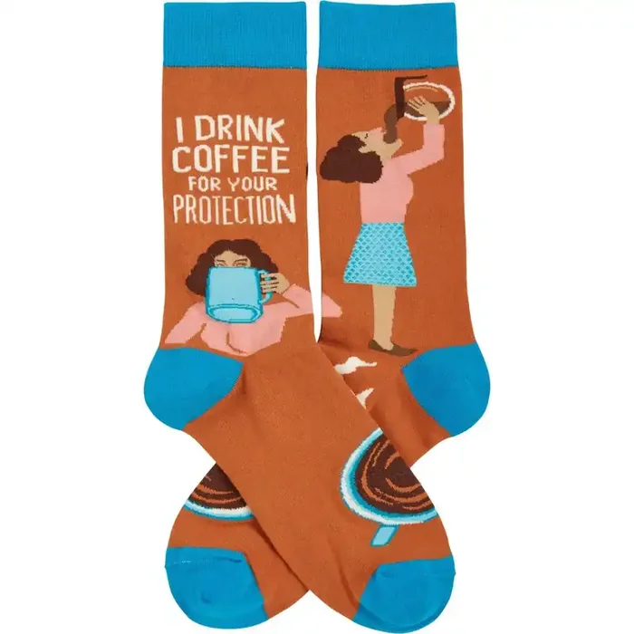 I Drink Coffee For Your Protection Funny Socks in Aqua Blue and Brown Unisex