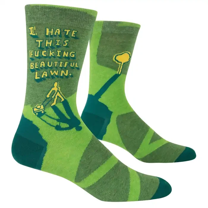 I Hate This Fucking Beautiful Lawn Men‘s Crew Socks in Green BlueQ at GetBullish