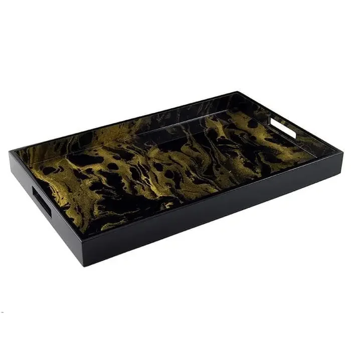 Lacquer Rectangle Tray – Black & Gold Marble