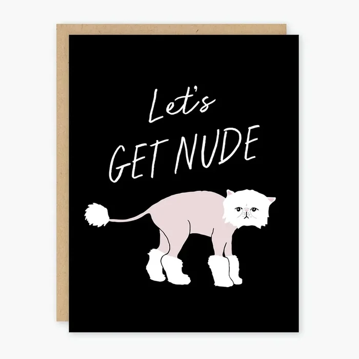 Let‘s Get Nude Black Greeting Card Featuring a Shaved Cat Motif