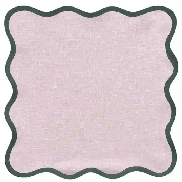 Linen Scalloped Square Peony Pink with Pine Green Trim Napkin or Mat
