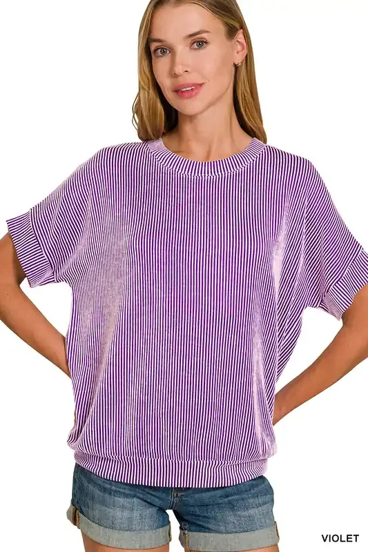 Lisa Corded Rib Short Sleeve Top • Violet