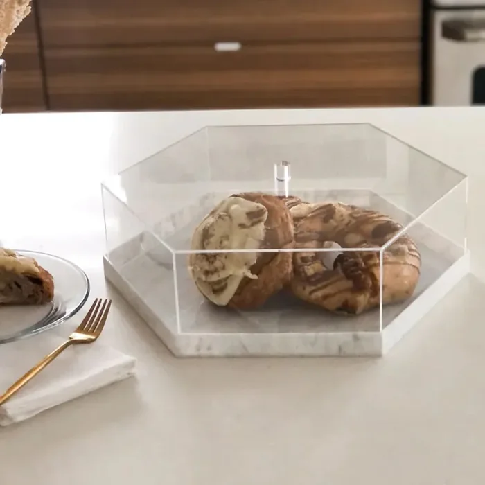 Lucite Hexagon White Marble Cake Tray with Dome