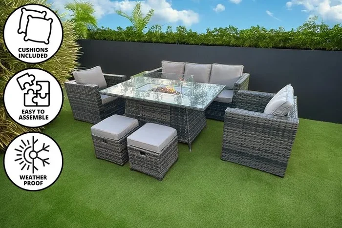 Luxurious 7-Seater Rattan Garden Set with Fire Pit Table