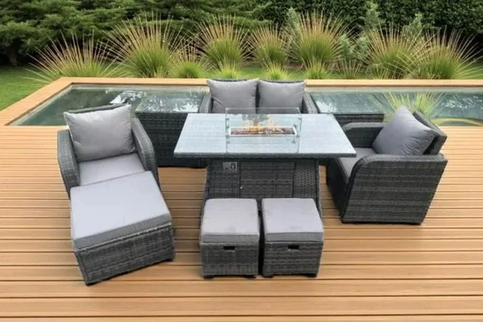 Luxurious PE Rattan Reclining Garden Set with Inviting Fire Pit