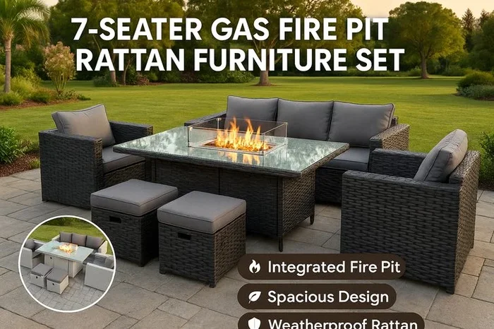 Luxury 7-Seater Rattan Garden Furniture Set with Gas Fire Pit