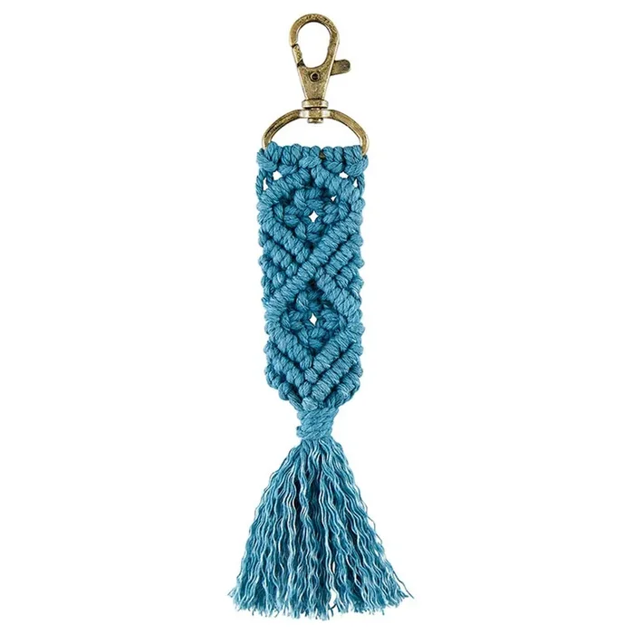 Macrame Keychain in Teal Holiday Tasseled Key Ring Bag Purse Charm 6.75″