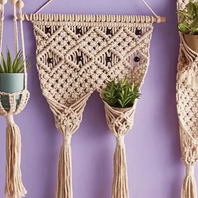 Macrame Two Pocket Plant Holder Hanging Wall Flower Plant Hanger 31″ x 17″