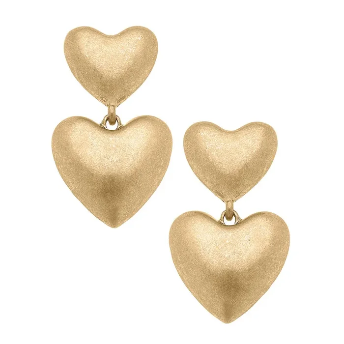 Margo Puffy Heart Statement Earrings in Worn Gold Vintage Style Fashion Jewelry