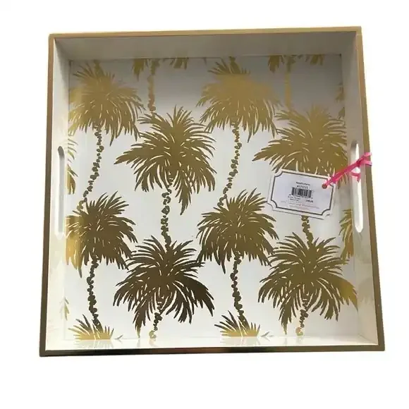 Metallic Palms White With Gold Palm Pattern Square Serving Tray
