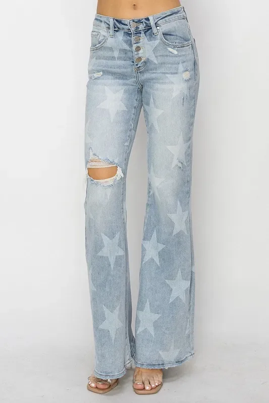 Mid Rise Button Down Star Print Flare Jeans • Light