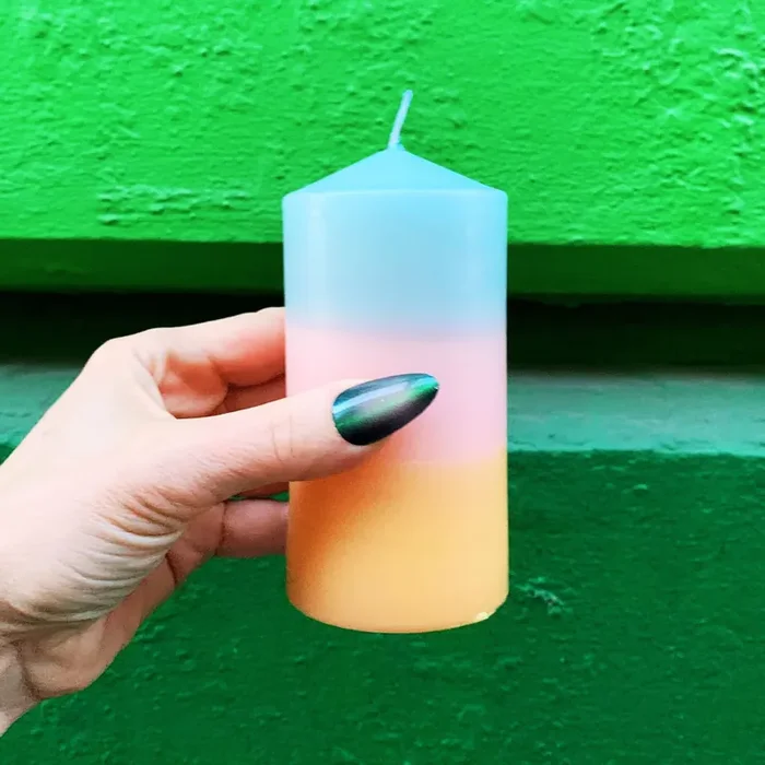 Mini Pillar Candle in Blue Pink Orange Tri-Colored Ombre Aesthetic Table Candle 4.75″