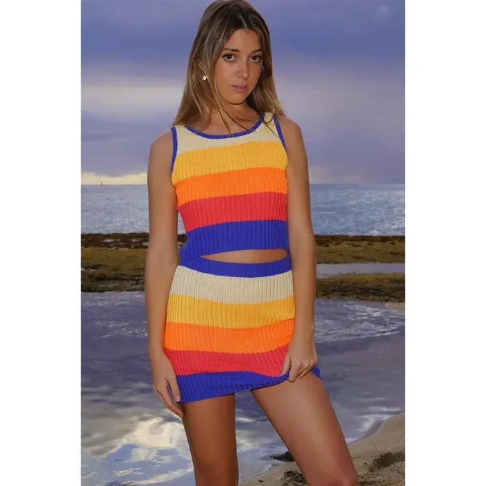Miss Sparkling Rib Knit Set Skirt and Top Orange and Blue Stripes [Sizes L and XL]