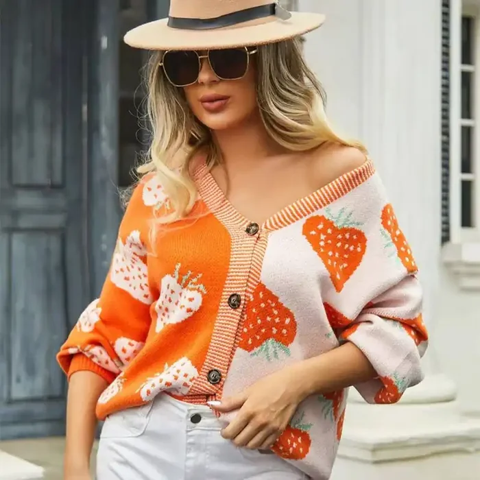 Miss Sparkling Strawberry Cardigan in Orange Two-Tone All-Over Pattern [Available in SM-XL]