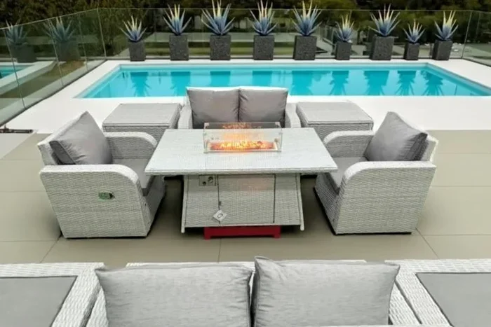Modern 6-Seater Rattan Reclining Garden Dining Set with Firepit Table