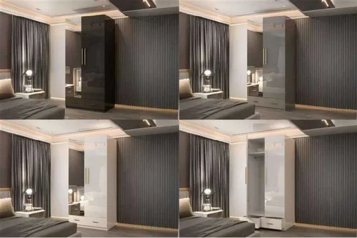 Modern High Gloss 2-Door Mirrored MDF Wardrobe with Storage Drawers – White, Black, or Grey – Contemporary Bedroom Furniture