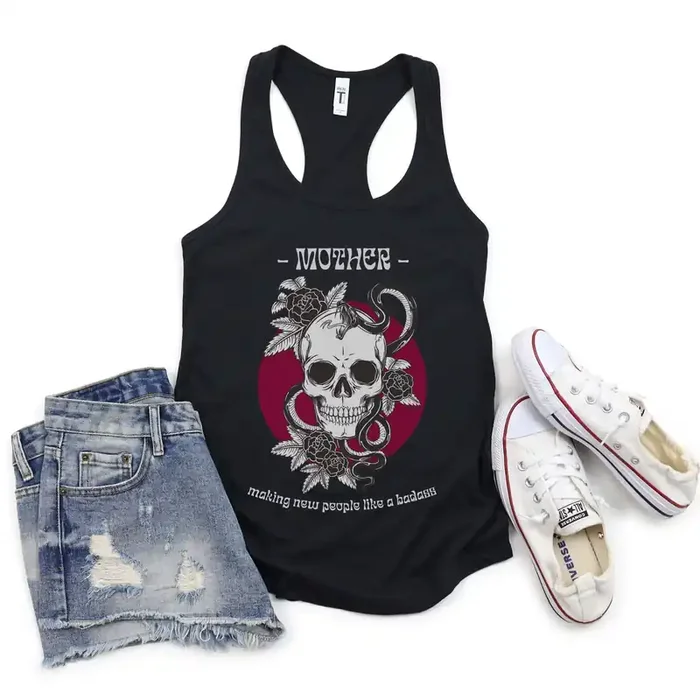 Mother Making New People Like a Badass Vintage Skull Tattoo Heavy Metal Themed Women‘s Ideal Racerback Tank