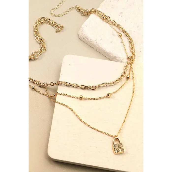 Multi Layer Lock Charm Necklace Charm Pendant Gold Tone Jewelry